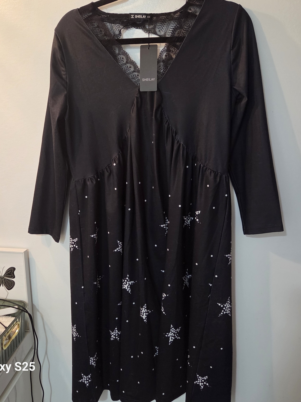 SHEILAY Black Long Sleeve Midi Dress White Stars Size US M. Lace Back - Picture 3 of 12